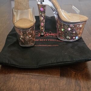 Pleaser Tan and Silver Platform Sandals with Clear Straps